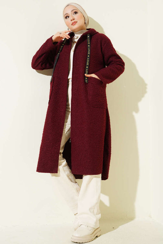 Veste bouclée zippée à capuche, bordeaux