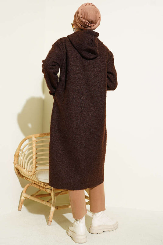 Veste bouclée zippée à capuche couleur café