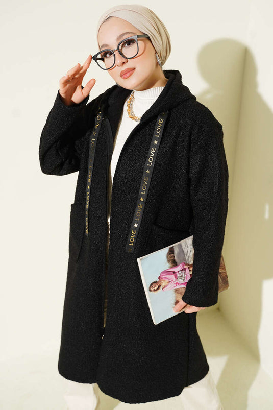 Veste zippée à capuche en bouclé noir