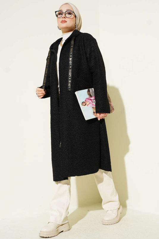 Veste zippée à capuche en bouclé noir