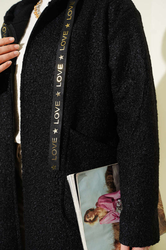 Veste zippée à capuche en bouclé noir