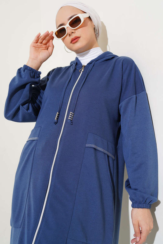 Abaya mit Kapuze und Reißverschlusstasche Indigo