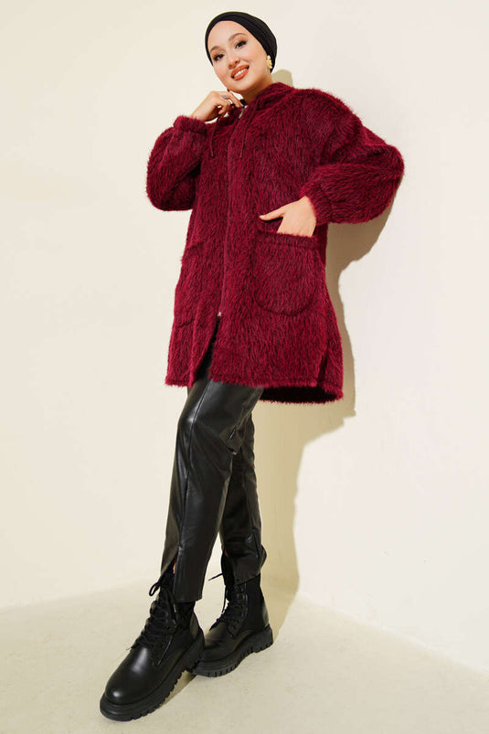 Kapüşonlu Fermuarlı Cepli Hırka Bordo