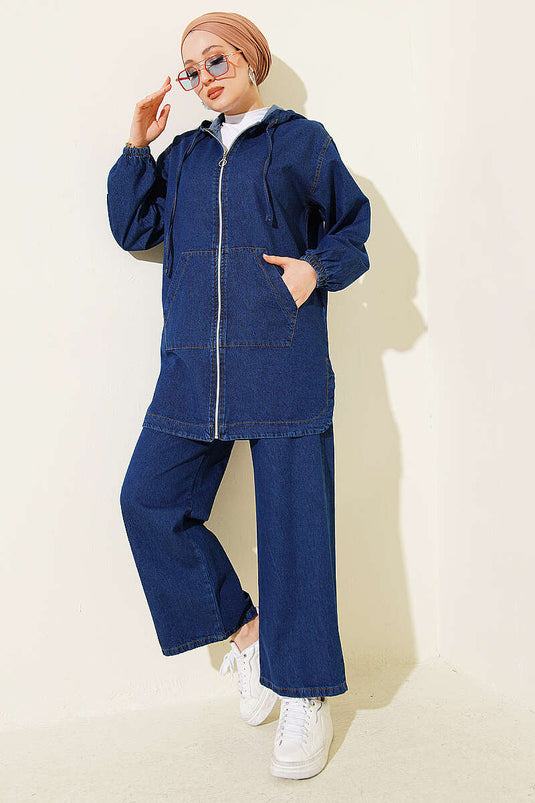 Ensemble en jean bleu marine avec capuche, fermeture éclair et poches