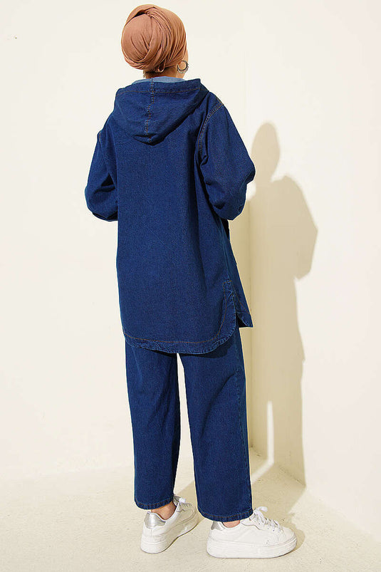 Ensemble en jean bleu marine avec capuche, fermeture éclair et poches