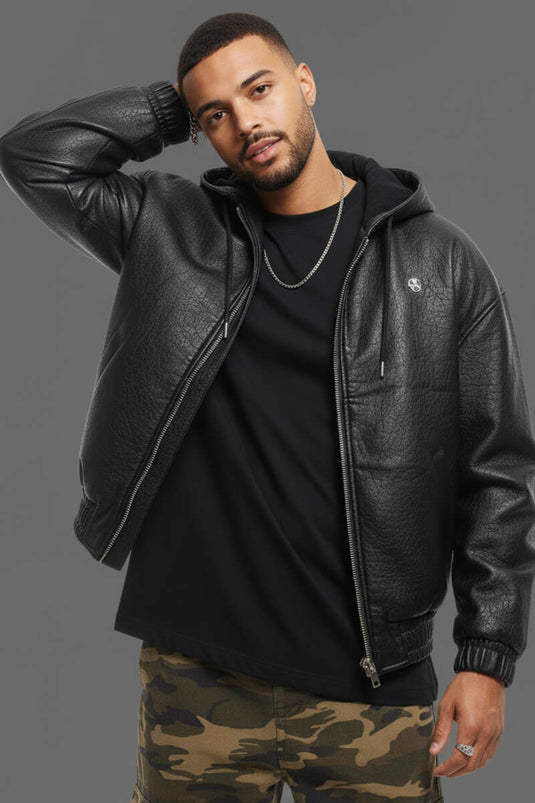 Men's Hooded Zip-Up Leather Jacket, Black