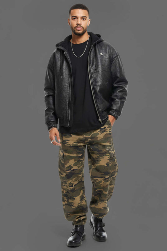 Men's Hooded Zip-Up Leather Jacket, Black