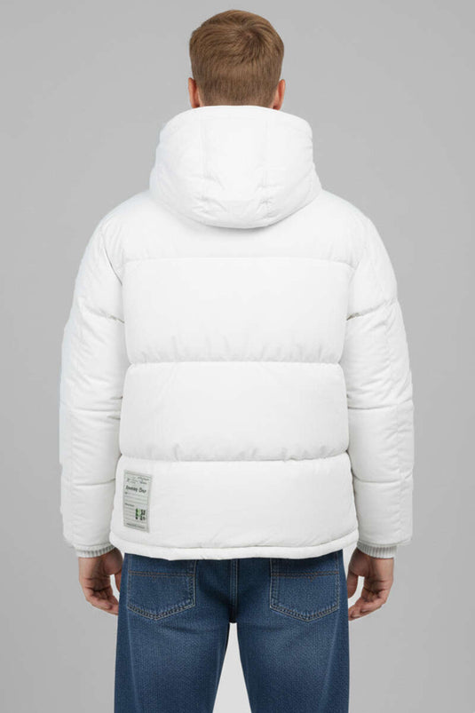Hooded Zippered Men's Padded Jacket White
