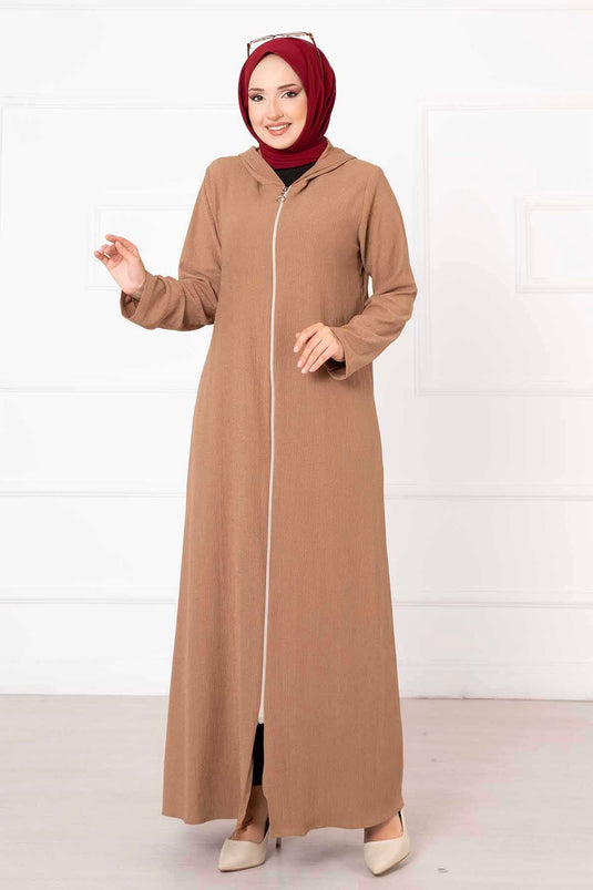 Abaya Zippée à Capuche Camel