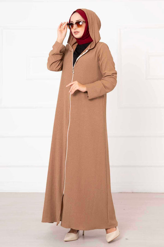 Abaya Zippée à Capuche Camel