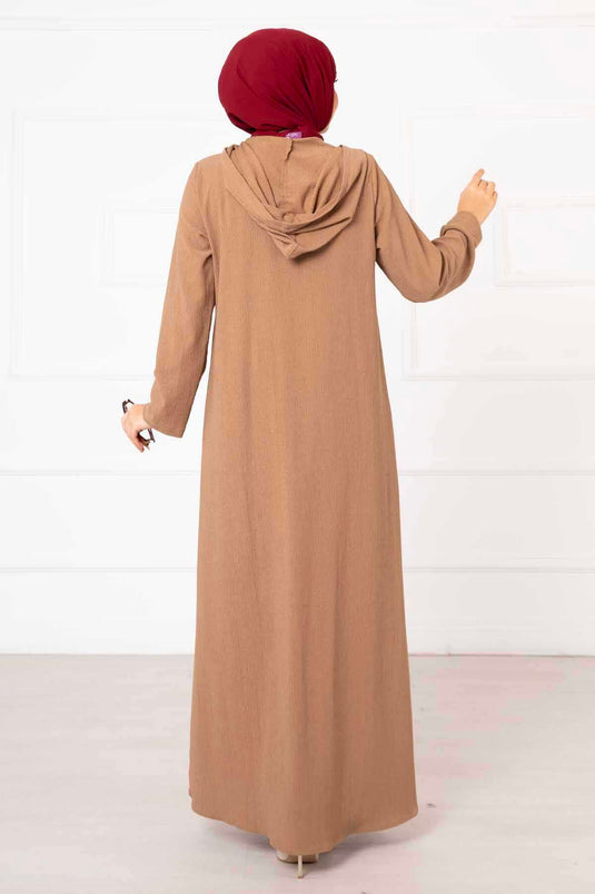 Abaya Zippée à Capuche Camel