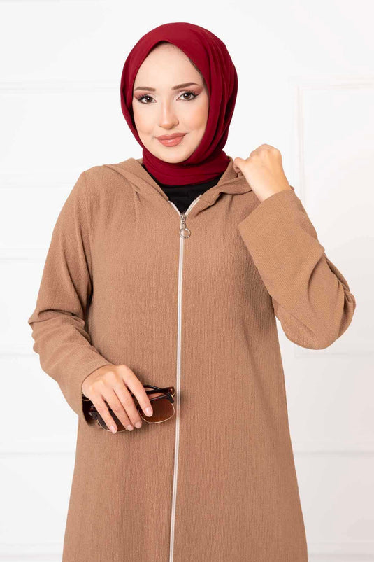 Abaya Zippée à Capuche Camel