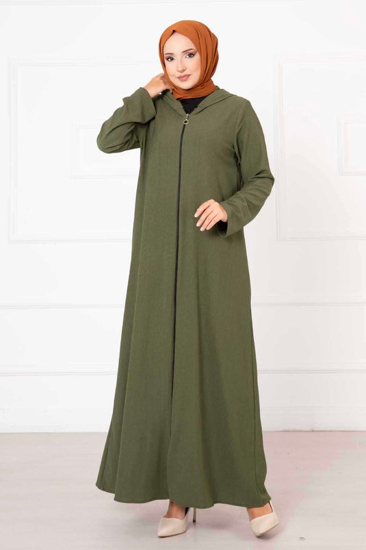 عباية بغطاء رأس وسحاب كاكي