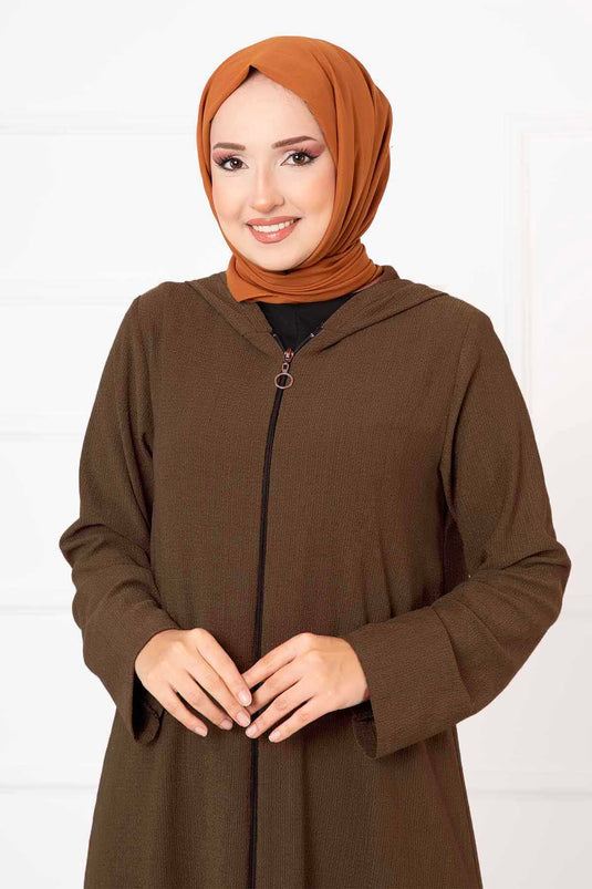 Hooded Zippered Abaya Brown