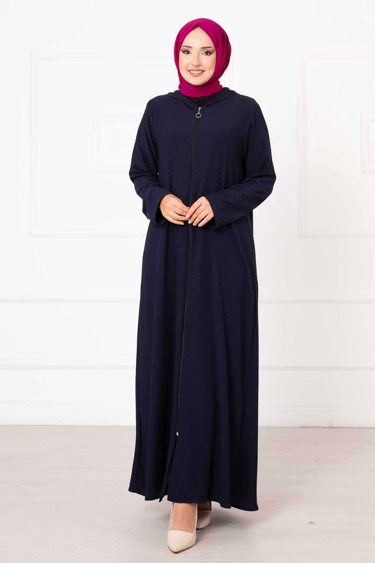 Abaya Zippée à Capuche Bleu Marine