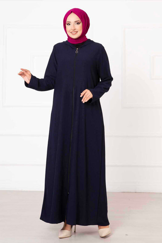 Abaya Zippée à Capuche Bleu Marine