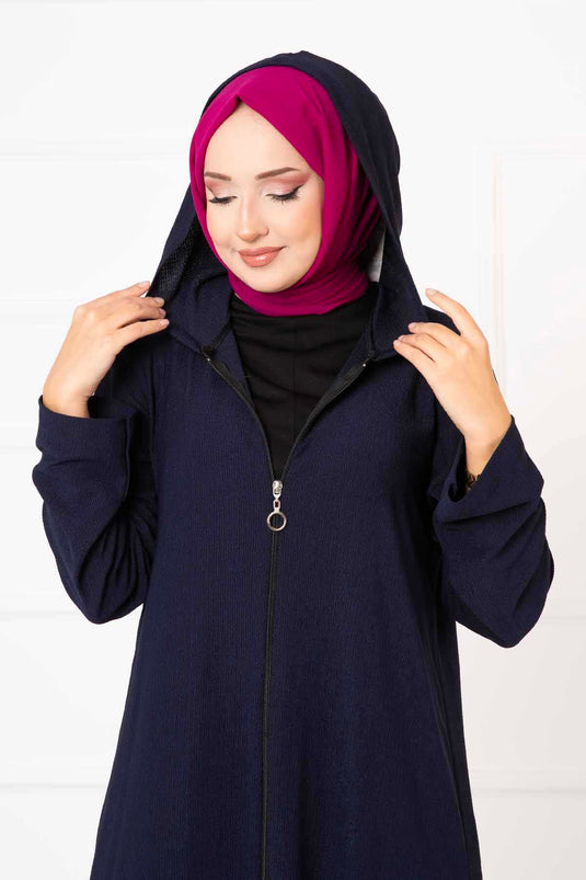 Abaya Zippée à Capuche Bleu Marine