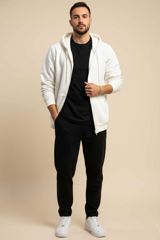 Hooded Zip-Up Cardigan, Ecru