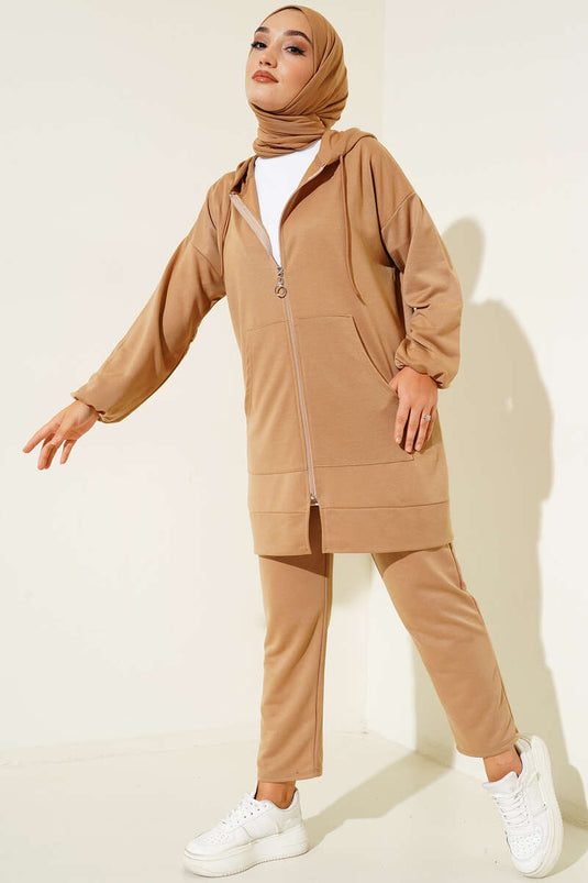 Costume Double Zippé À Capuche Beige