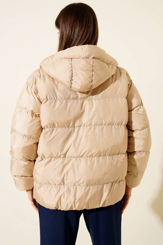 Doudoune courte à capuche zippée, beige