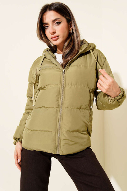 Doudoune courte à capuche zippée, vert clair