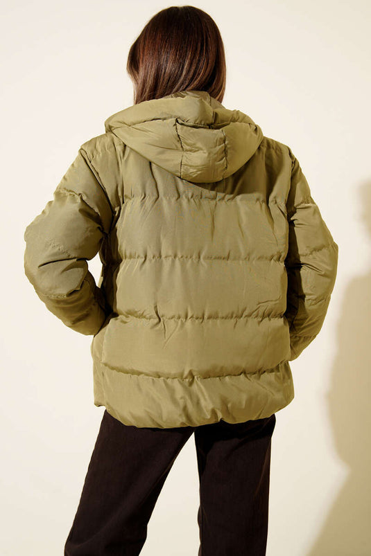 Doudoune courte à capuche zippée, vert clair