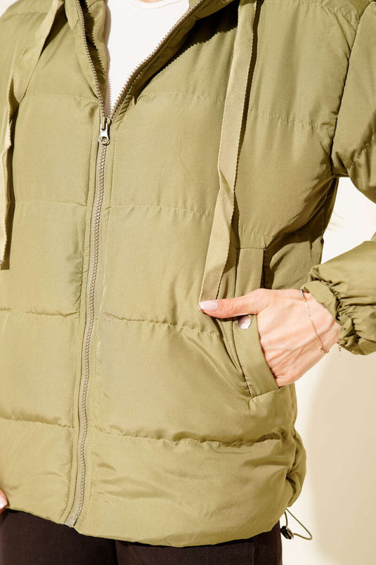 جاكيت قصير منفوخ بسحاب وغطاء رأس، أخضر فاتح