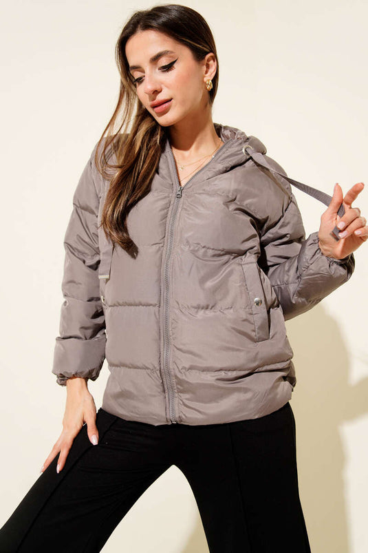 جاكيت قصير منفوخ بسحاب وغطاء رأس، رمادي داكن