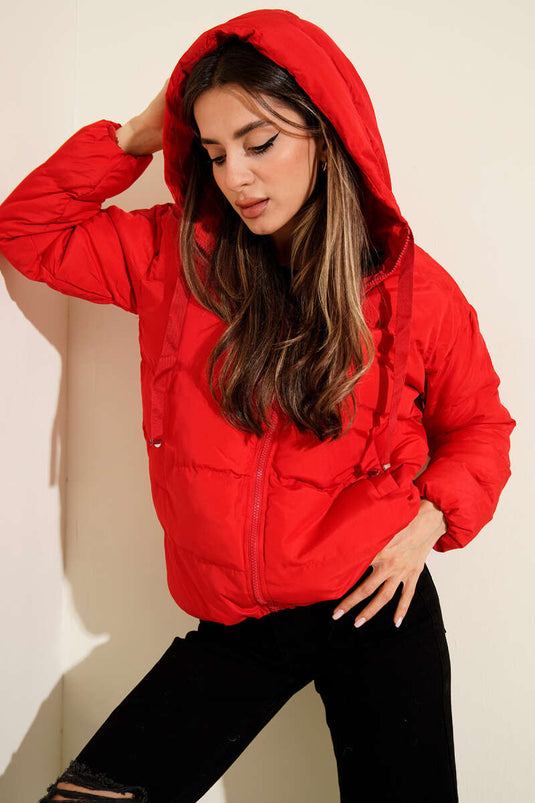 Doudoune courte à capuche zippée, rouge
