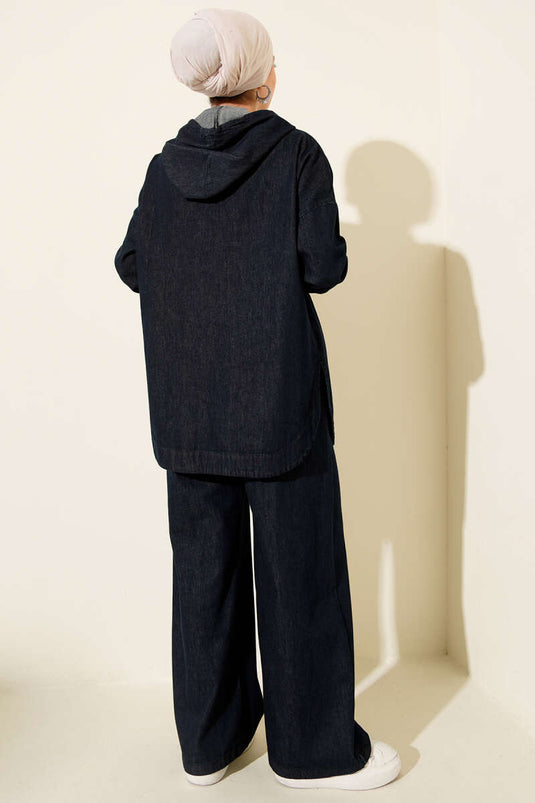 Ensemble deux pièces en denim à capuche et fermeture éclair