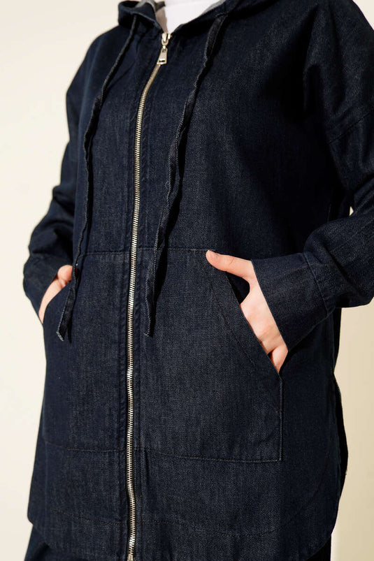 Kapüşonlu Fermuarlı Kot İkili Takım Kot