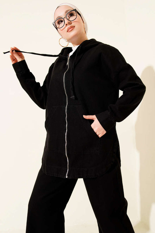 Ensemble double en jean noir avec capuche et fermeture éclair