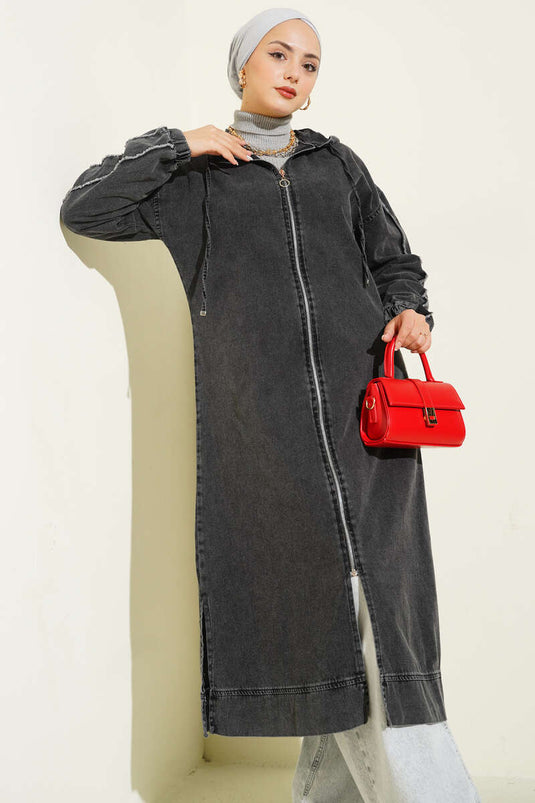 معطف جينز بغطاء رأس وسحاب، لون مدخن