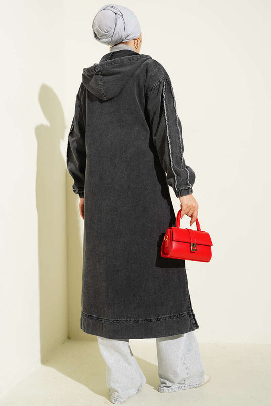 معطف جينز بغطاء رأس وسحاب، لون مدخن