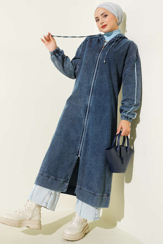 Kapüşonlu Fermuarlı Kot Kap Koyu Mavi