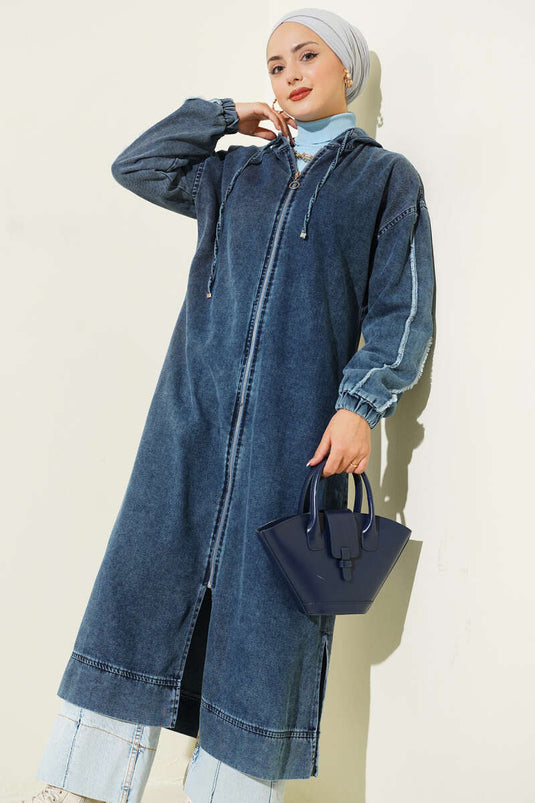 Kapüşonlu Fermuarlı Kot Kap Koyu Mavi