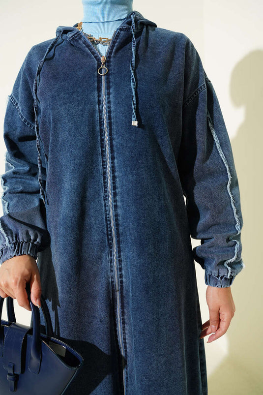 Kapüşonlu Fermuarlı Kot Kap Koyu Mavi