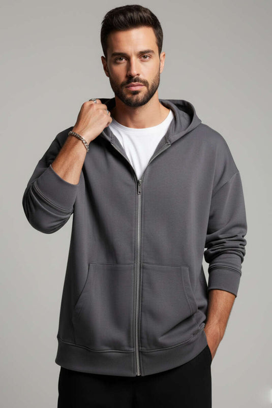 Sweat-shirt oversize à capuche zippé pour homme, anthracite