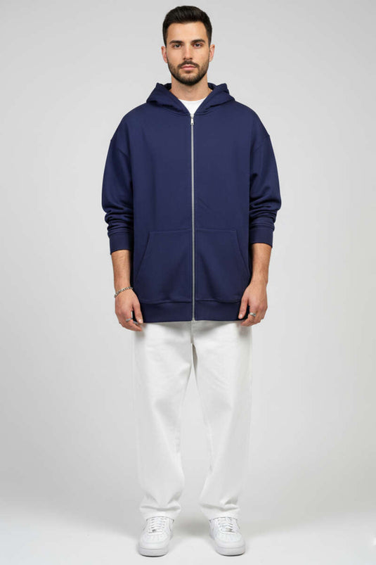 Kapüşonlu Fermuarlı Oversize Erkek Sweatshirt Lacivert