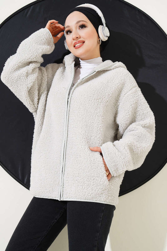 Hooded Zippered Plush Cardigan Gray