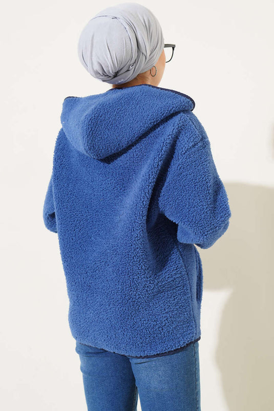 Hooded Zippered Plush Cardigan Indigo