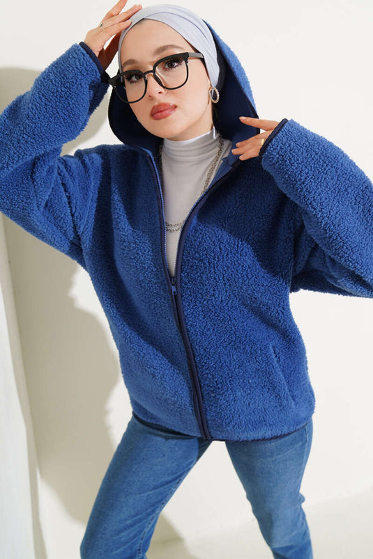 Hooded Zippered Plush Cardigan Indigo