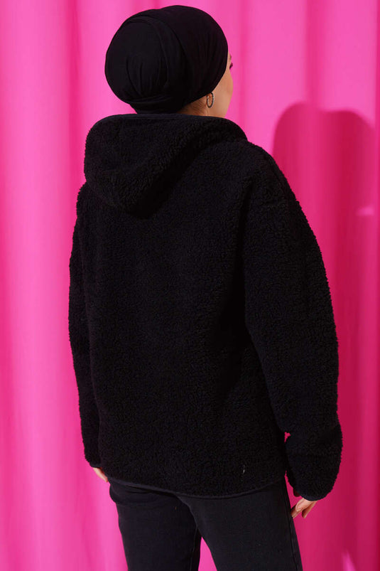 Hooded Zippered Plush Cardigan Black