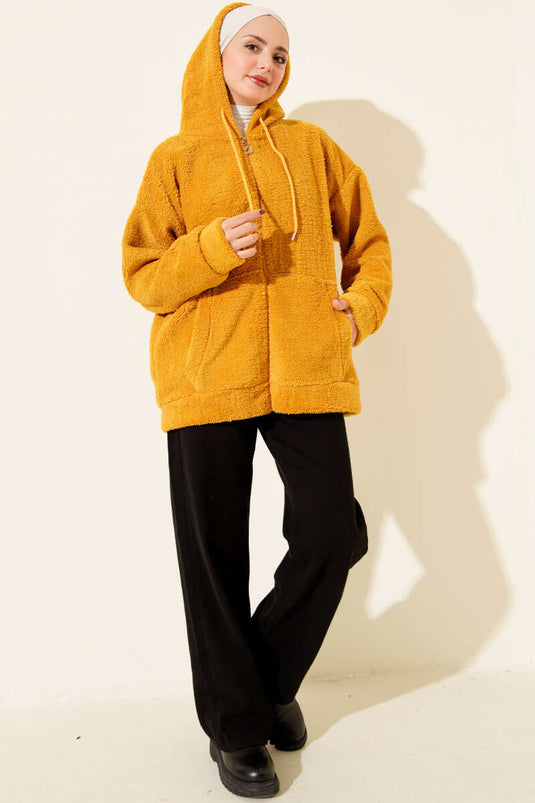 جاكيت مخملي بسحاب وغطاء رأس، لون خردلي