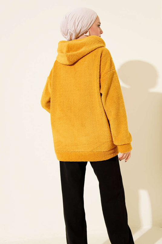 جاكيت مخملي بسحاب وغطاء رأس، لون خردلي