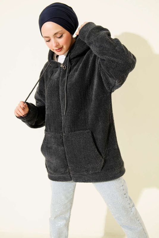 Manteau en peluche à capuche zippé gris ardoise