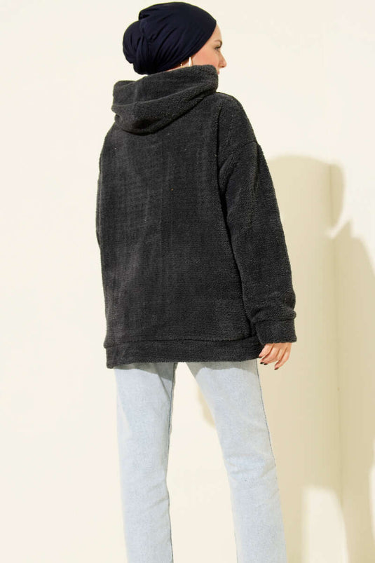 Hooded Zippered Plush Jacket Slate Gray