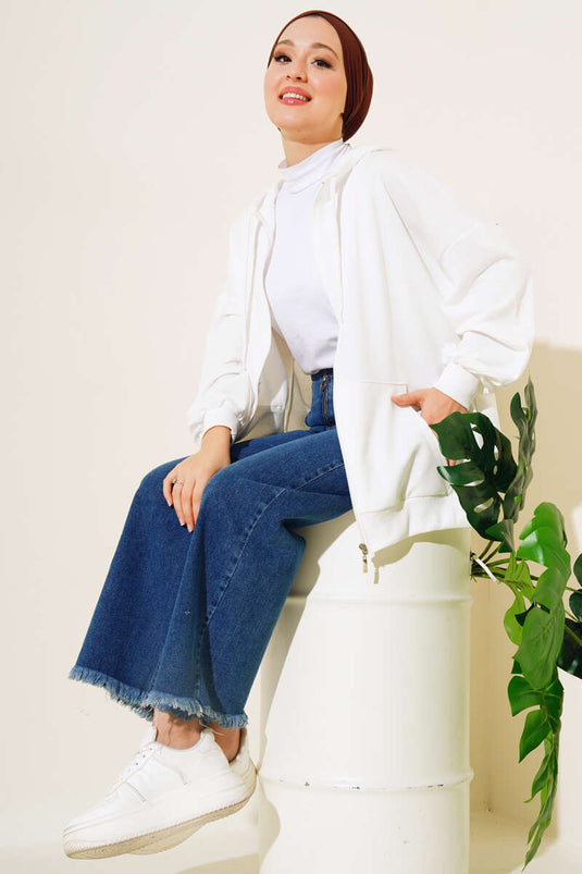 Cardigan casual con cappuccio e cerniera color ecru