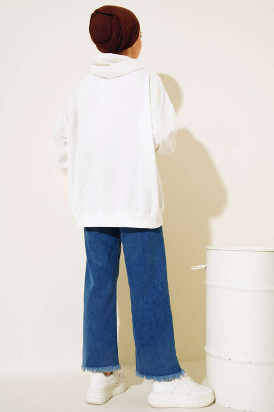 Cardigan casual con cappuccio e cerniera color ecru