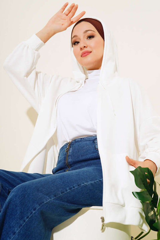 Hooded Zippered Casual Cardigan Ecru